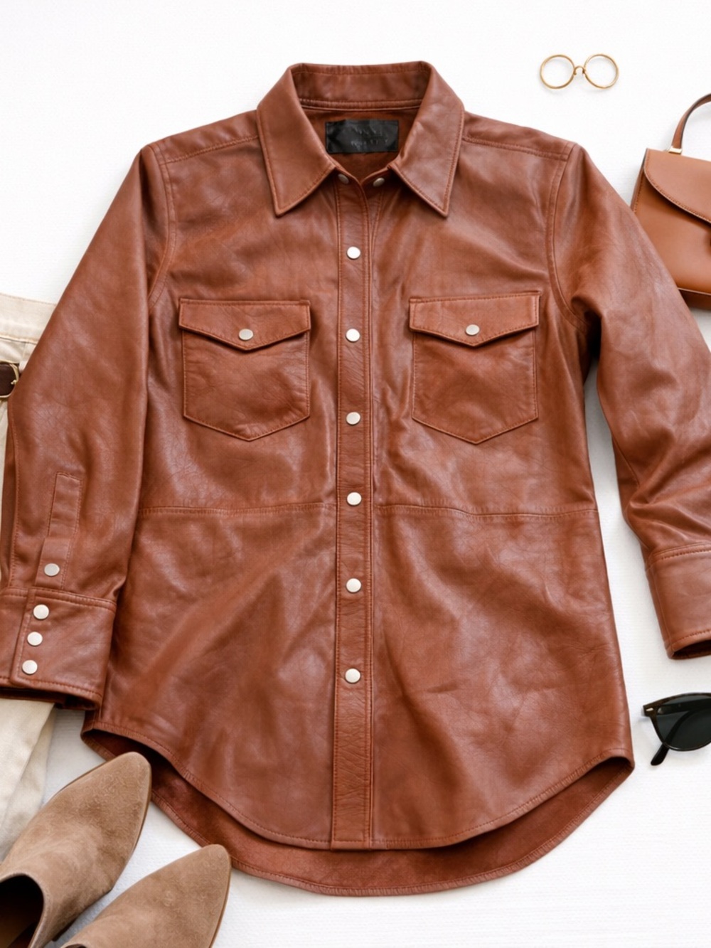 SPRWMN Brown Soft Leather Snap Front Shirt Jacket Western Luxe Women’s  STAINED